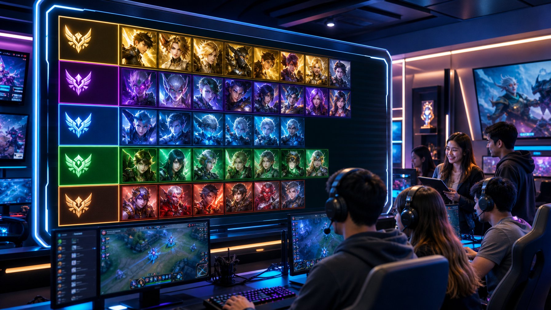 Suasana studio game modern dengan layar menampilkan ikon karakter pahlawan yang diatur dalam daftar peringkat, dikelilingi oleh beberapa pemain yang fokus bermain dan berdiskusi.