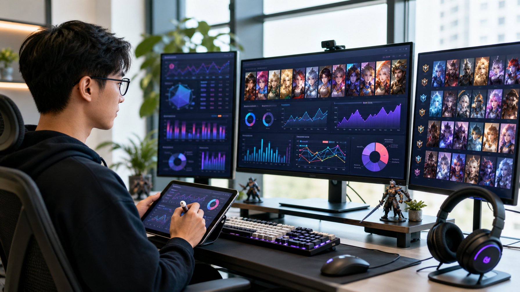 Seorang profesional muda sedang menganalisis data peringkat hero game di depan komputer dengan beberapa monitor yang menampilkan grafik dan ikon hero.
