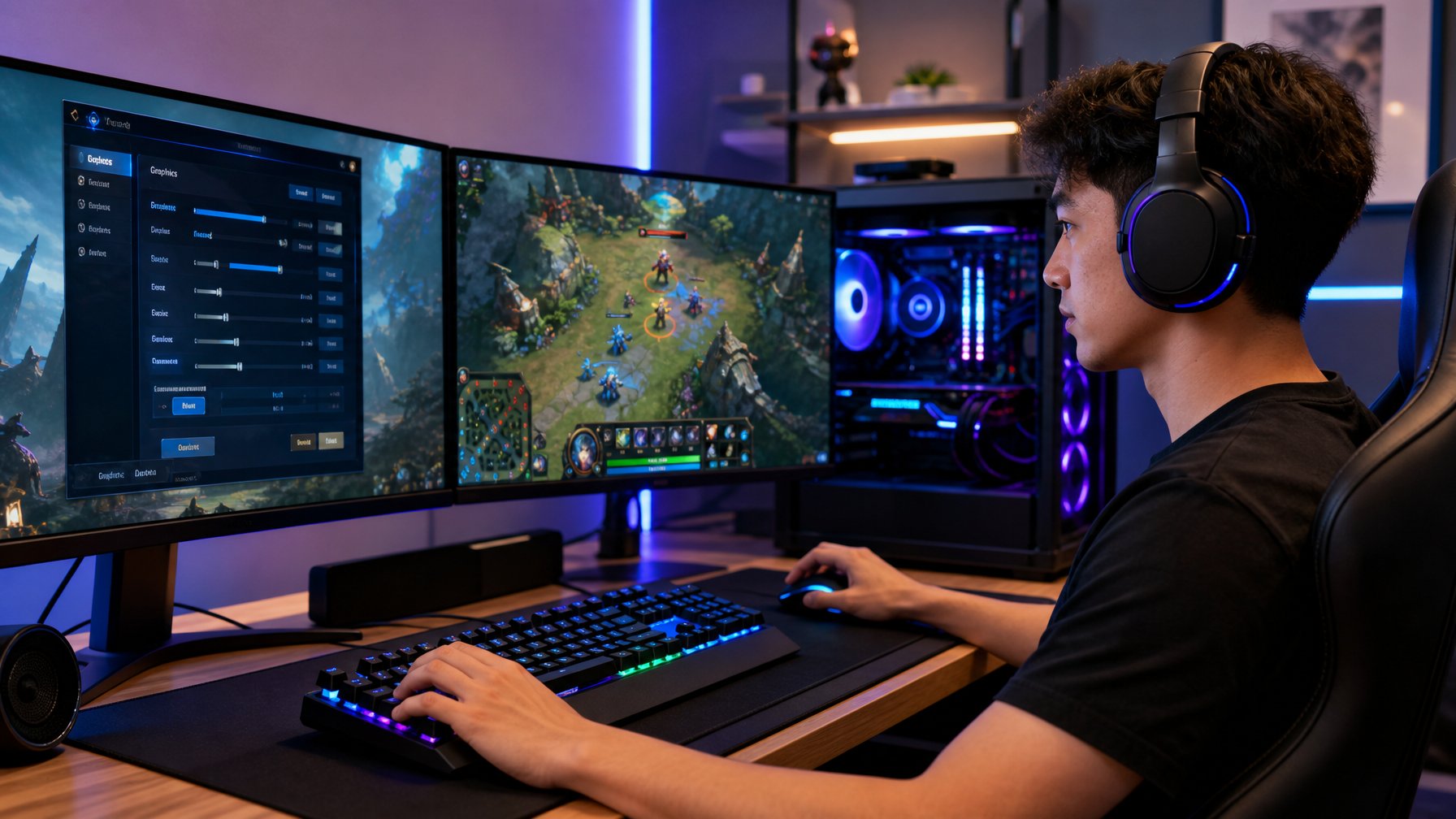 Seorang gamer muda duduk di depan komputer dengan beberapa monitor, mengatur pengaturan grafis untuk bermain Arena of Valor agar tidak lag.