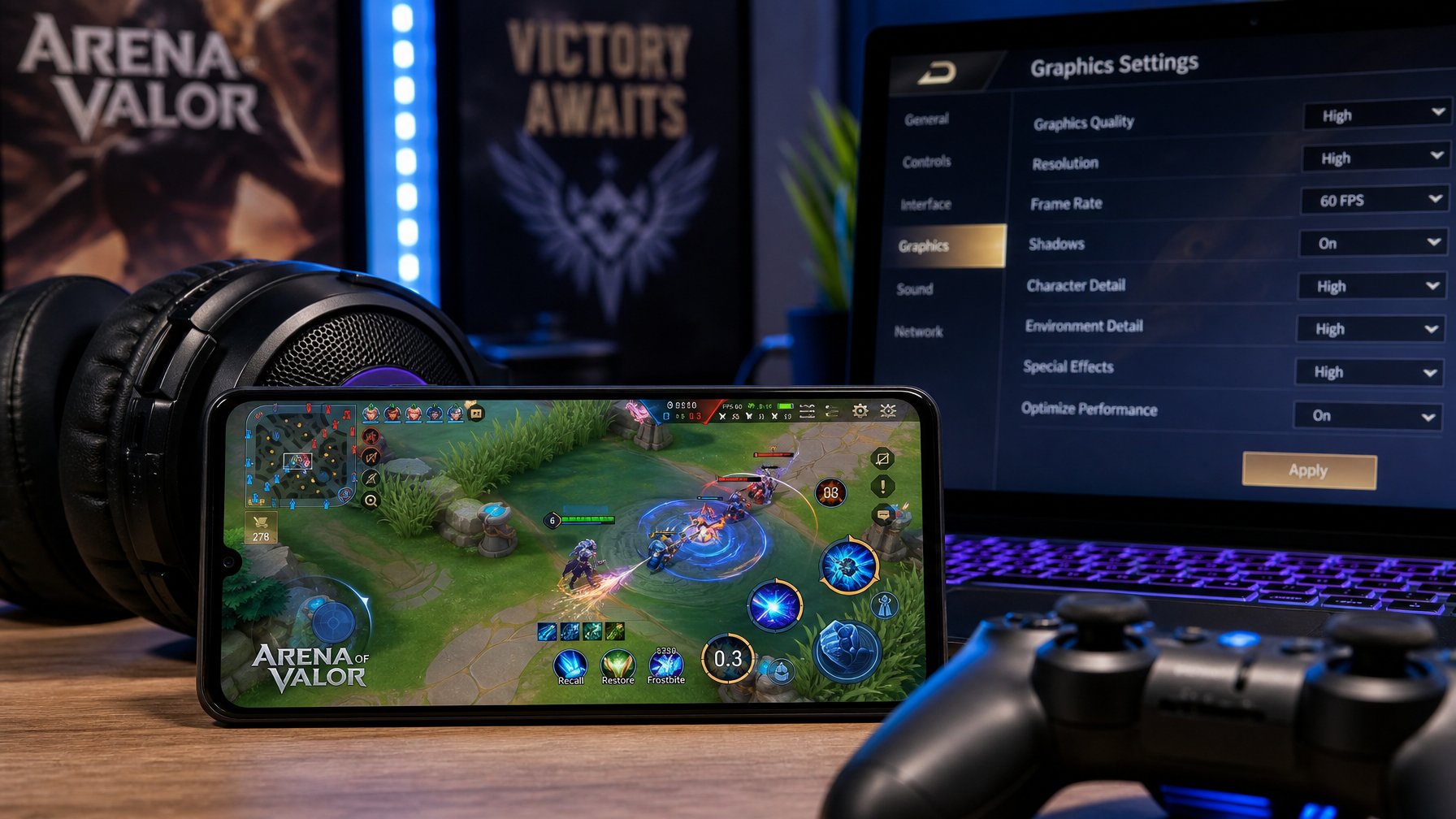 Seorang gamer sedang mengatur pengaturan grafik di ponsel dengan aksesori gaming di meja yang rapi.