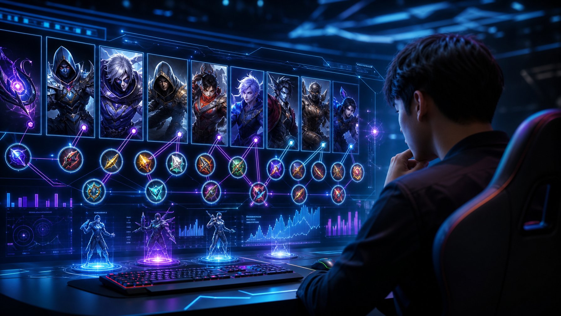 Tampilan antarmuka digital futuristik dengan karakter hero assassin dan ikon item di latar gelap berlampu neon.