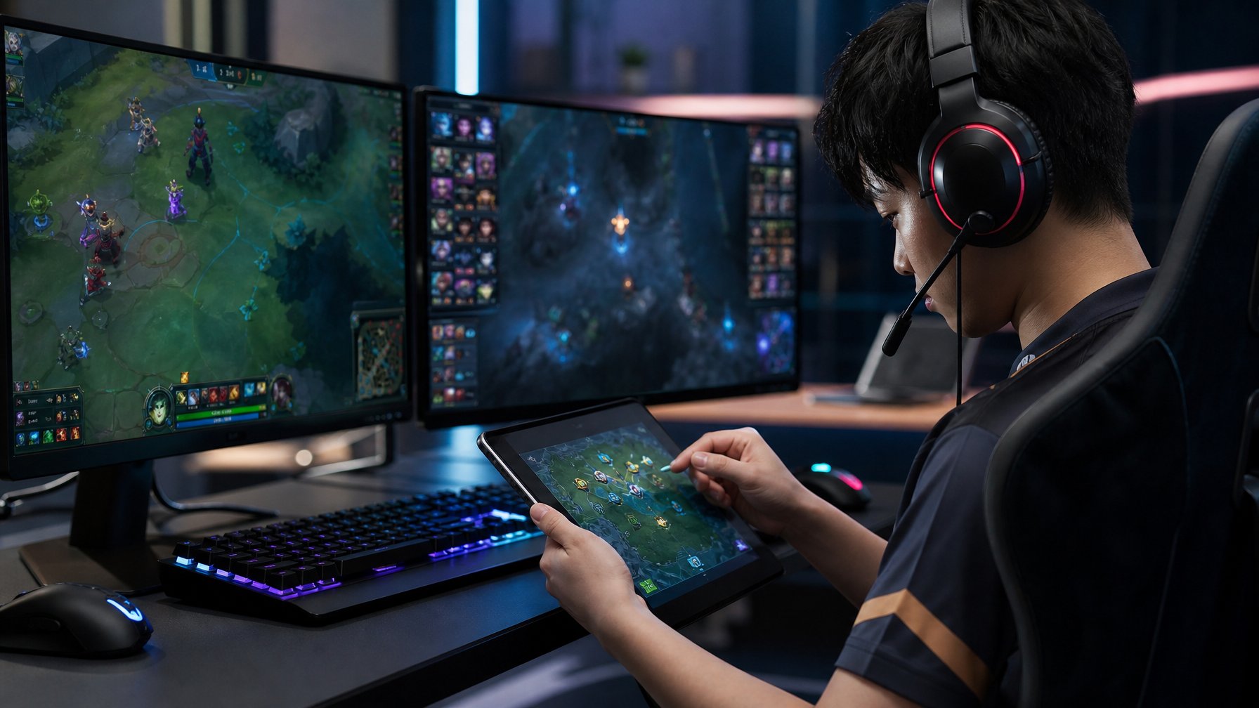 Seorang pemain esports serius duduk di depan komputer dengan layar game MOBA, mengenakan headset dan memegang tablet digital sambil bermain.