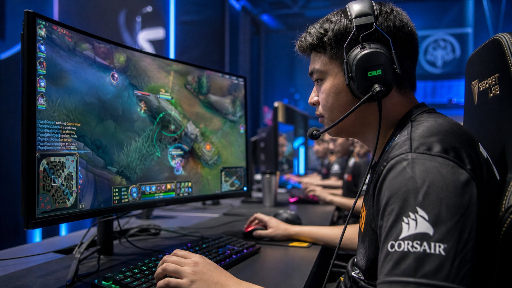 Seorang pemain esports fokus bermain di depan monitor dengan headset di ruang game modern.