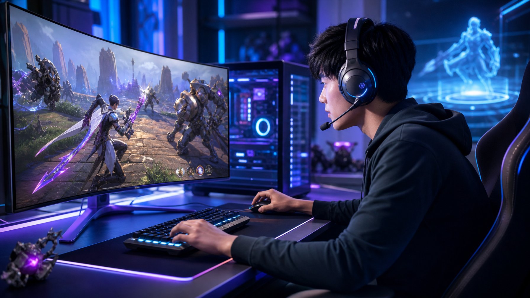 Seorang gamer muda sedang fokus bermain dan belajar mekanik hero baru dalam permainan Arena of Valor dengan peralatan gaming modern di sekitarnya.