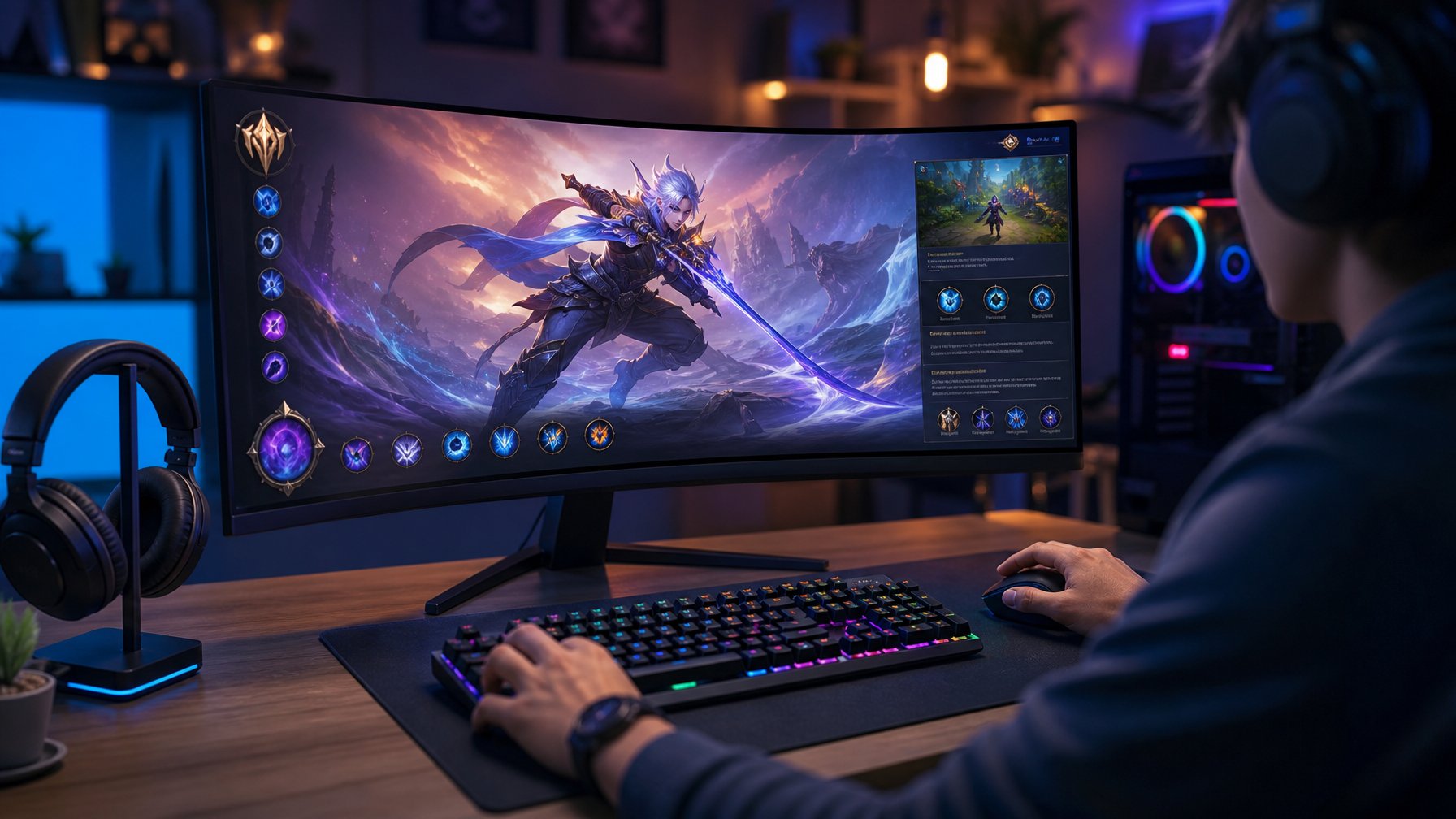 Seorang gamer sedang menggunakan komputer dengan layar menampilkan karakter hero baru dari permainan Arena of Valor, fokus pada tangan yang mengoperasikan keyboard dan mouse di meja gaming.