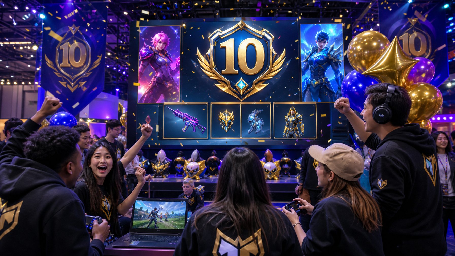 Sekelompok pemain game yang antusias berkumpul di sebuah acara dengan dekorasi meriah, menampilkan layar besar dengan karakter dan hadiah eksklusif dalam game.