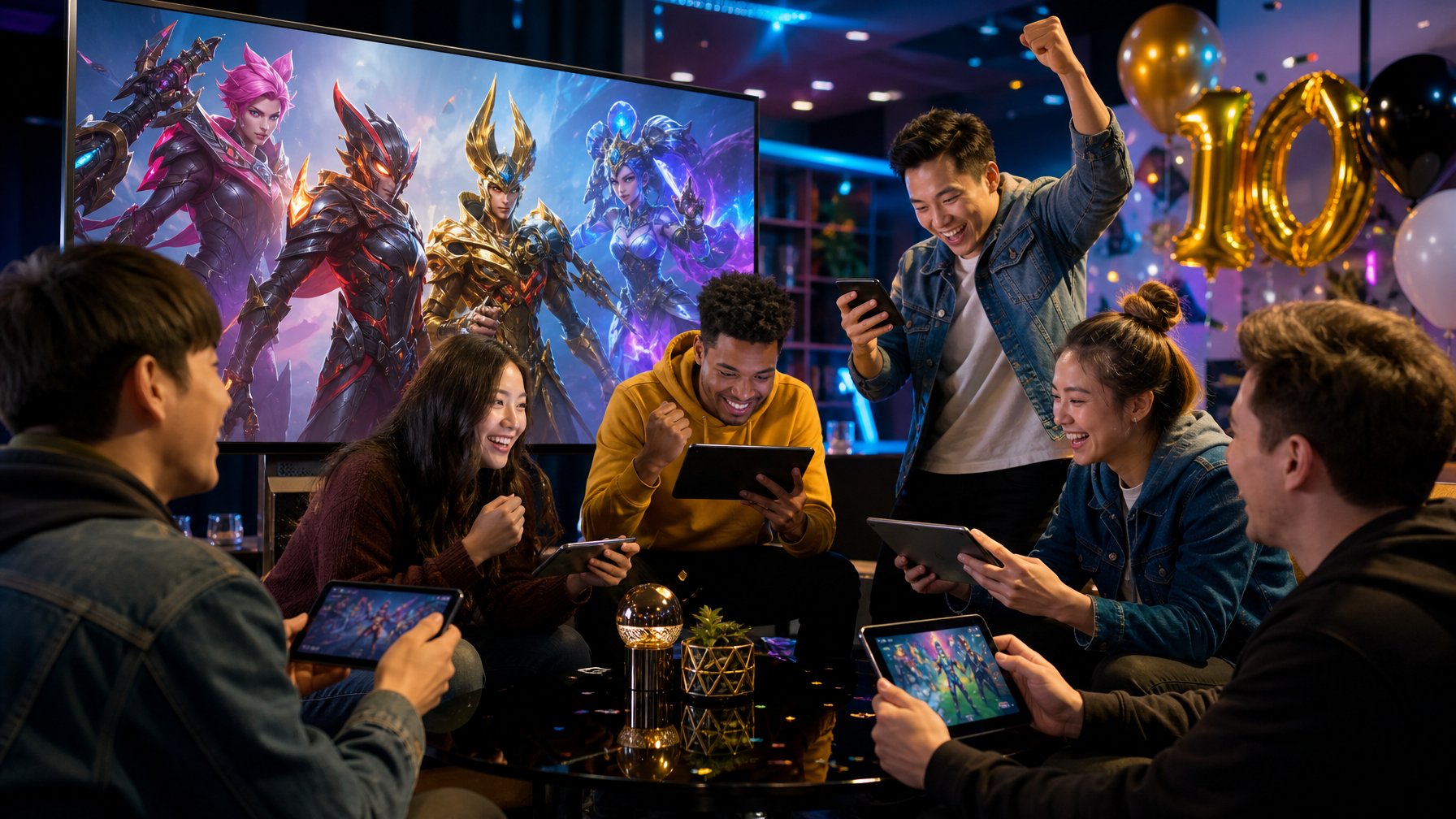 Sekelompok orang muda antusias berkumpul di sekitar layar digital yang menampilkan karakter game berwarna-warni dengan kostum eksklusif, di ruangan dengan dekorasi perayaan ulang tahun ke-10.