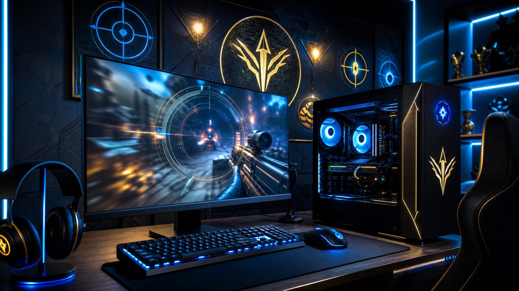 Sebuah setup gaming modern dengan komputer dan monitor yang menampilkan elemen permainan bertema marksman, dikelilingi oleh ikon emblem dan arcana yang bercahaya di ruangan berlampu ambient.