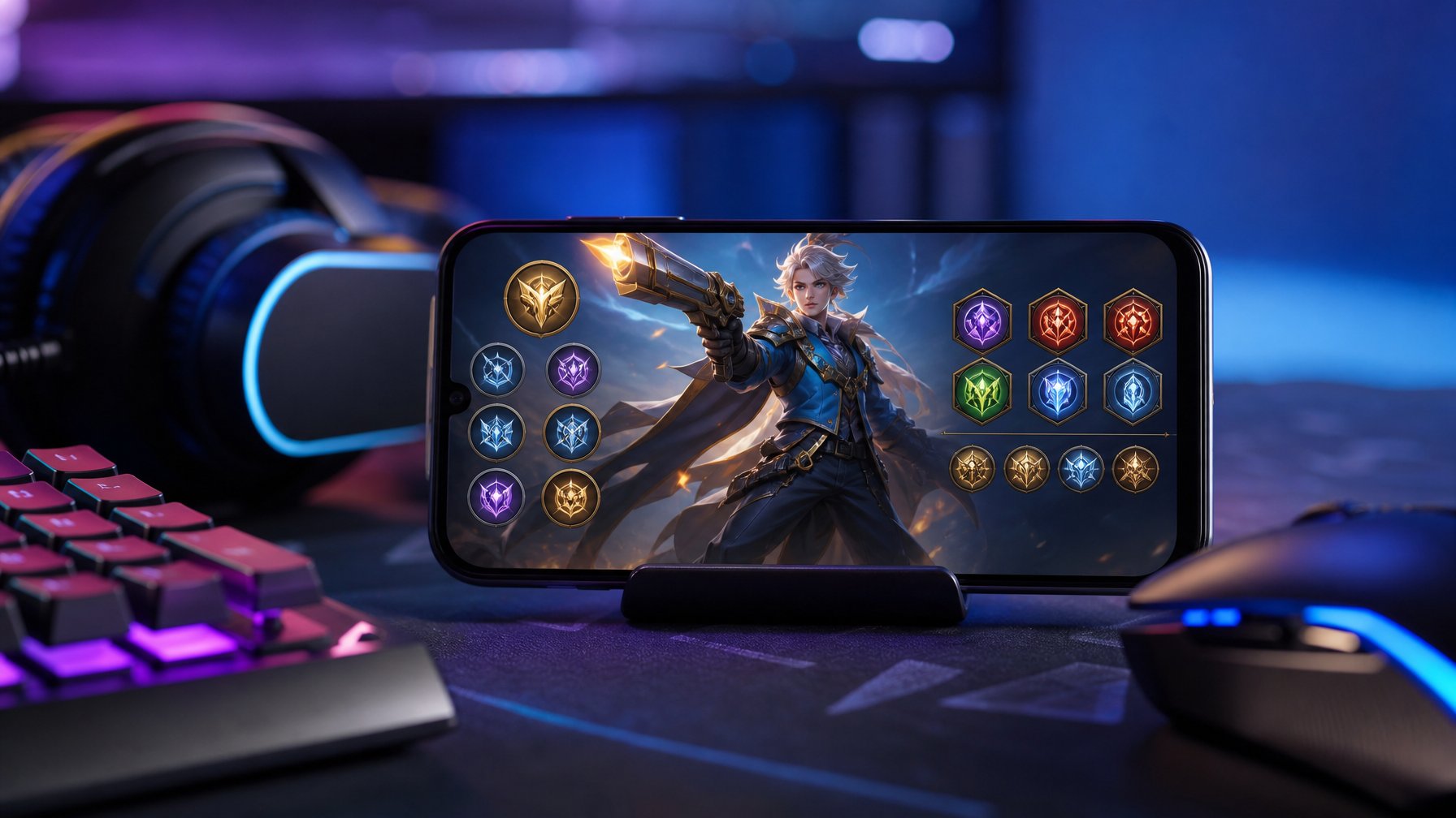 Sebuah setup permainan modern dengan ponsel menampilkan karakter hero marksman dan ikon emblem serta arcana, di atas meja dengan aksesori permainan.