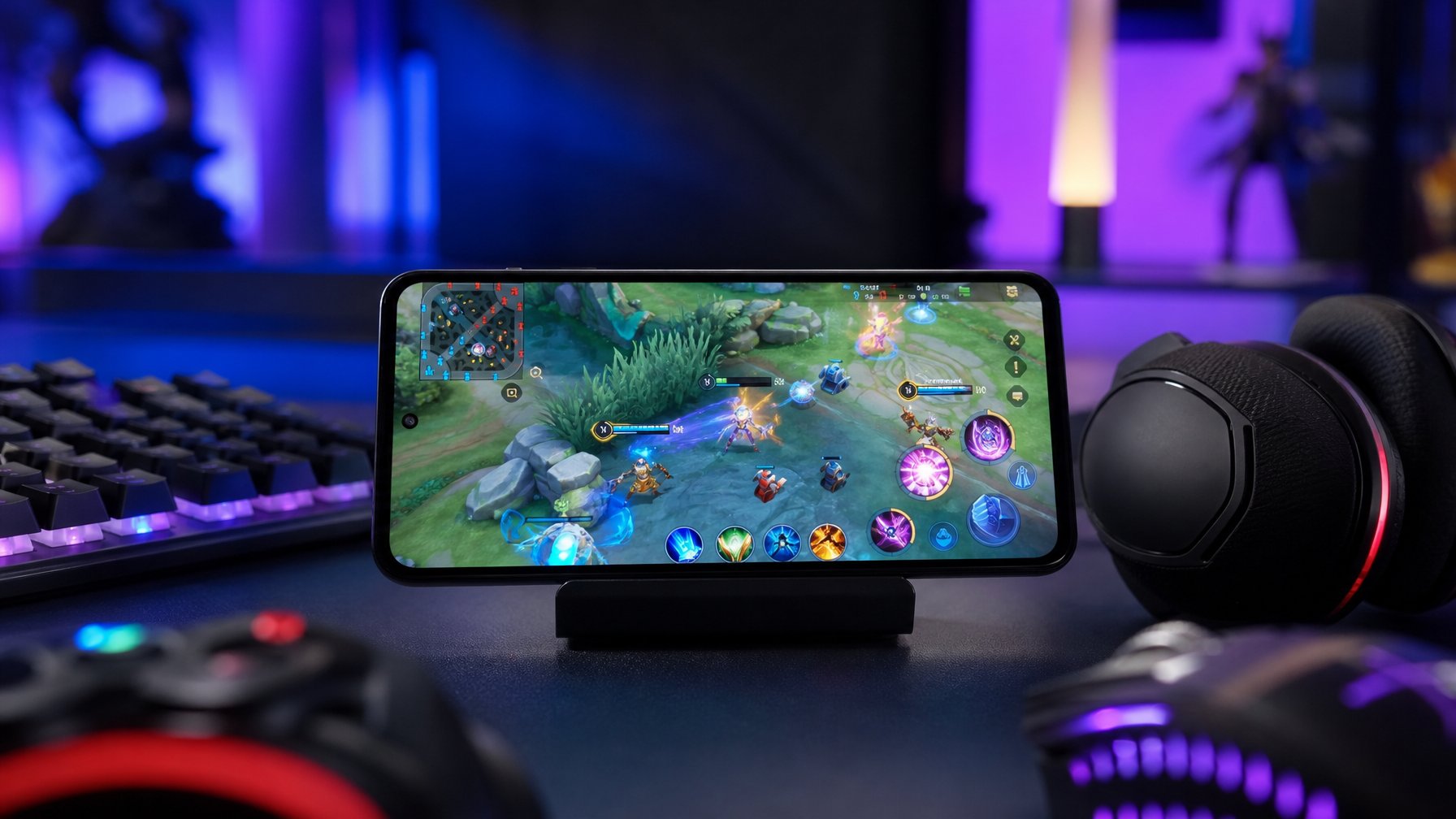 Seorang pemain sedang menggunakan ponsel dengan tampilan permainan Arena of Valor yang cerah dan dinamis di layar, dengan latar belakang perlengkapan gaming dan pencahayaan modern.