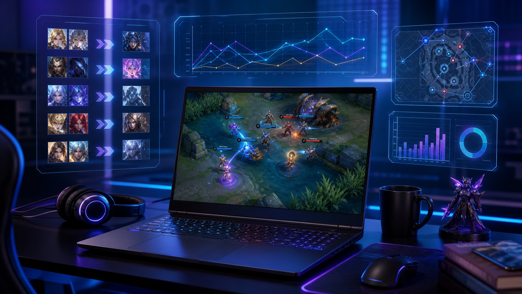 Seorang gamer sedang bermain Arena of Valor dengan layar menampilkan pertarungan intens dan elemen digital yang menunjukkan perubahan strategi permainan.