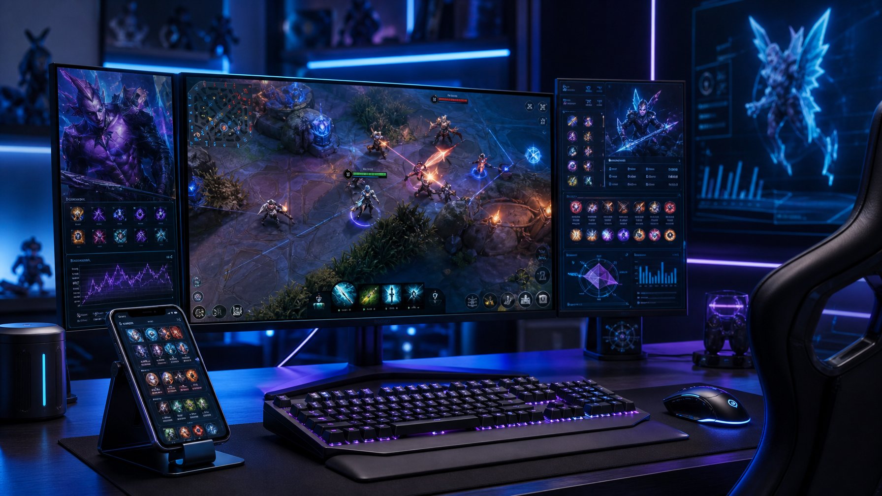 Sebuah meja gaming modern dengan beberapa monitor menampilkan gameplay Vainglory dan aksesori gaming di sekitarnya.