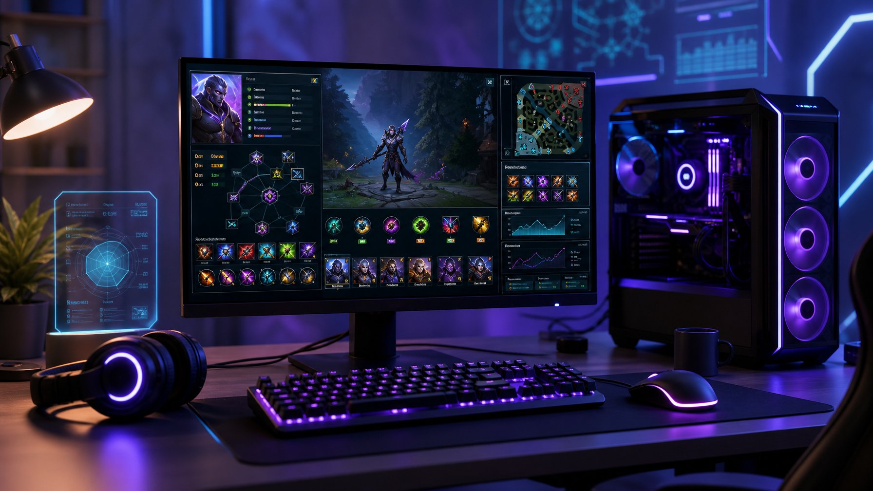 Sebuah setup gaming modern dengan komputer dan monitor menampilkan tampilan permainan yang fokus pada panduan build item hero carry.