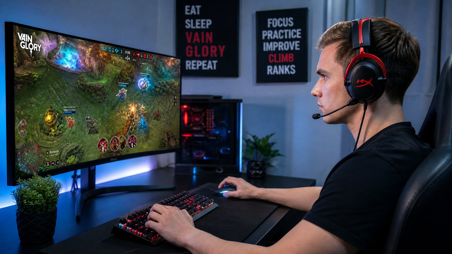 Seorang pemain muda sedang fokus bermain game Vainglory di depan monitor dengan headset dan peralatan gaming di meja modern.