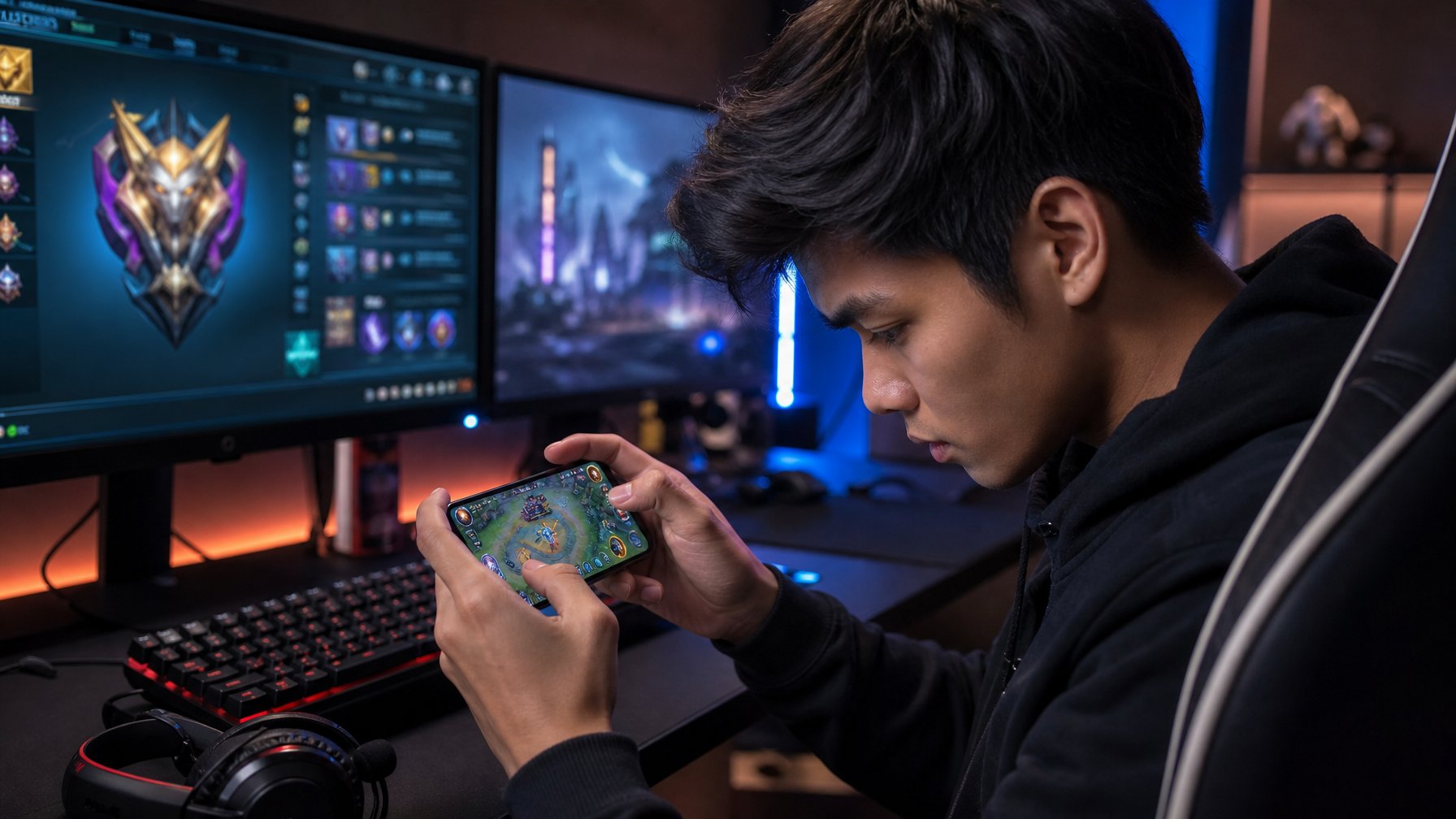 Seorang pemain muda fokus bermain game strategi di ponsel dengan latar belakang ruangan gaming modern dan monitor yang menampilkan statistik permainan.