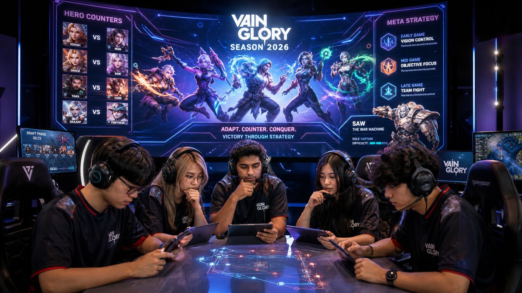 Beberapa pemain esports fokus bermain dan berdiskusi di depan layar besar dengan karakter game beraksi di latar belakang.