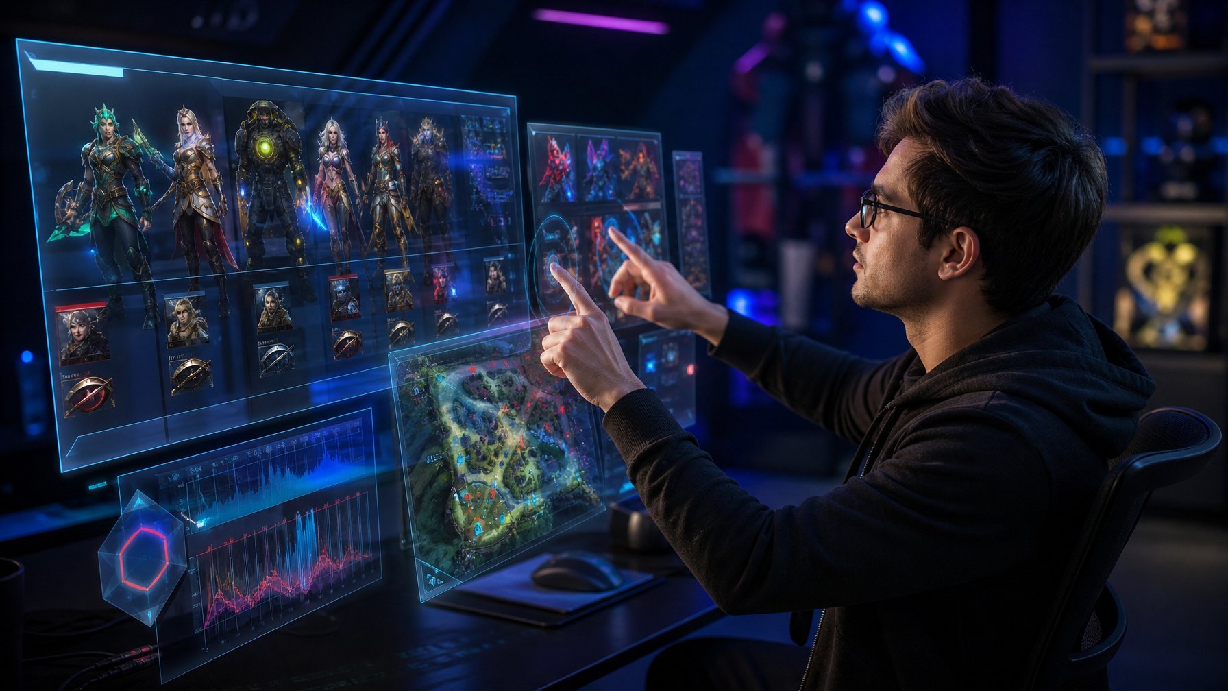 Seorang analis esports sedang menggunakan layar holografik untuk mempelajari strategi hero dalam game Vainglory 2026 di sebuah ruang kerja modern.