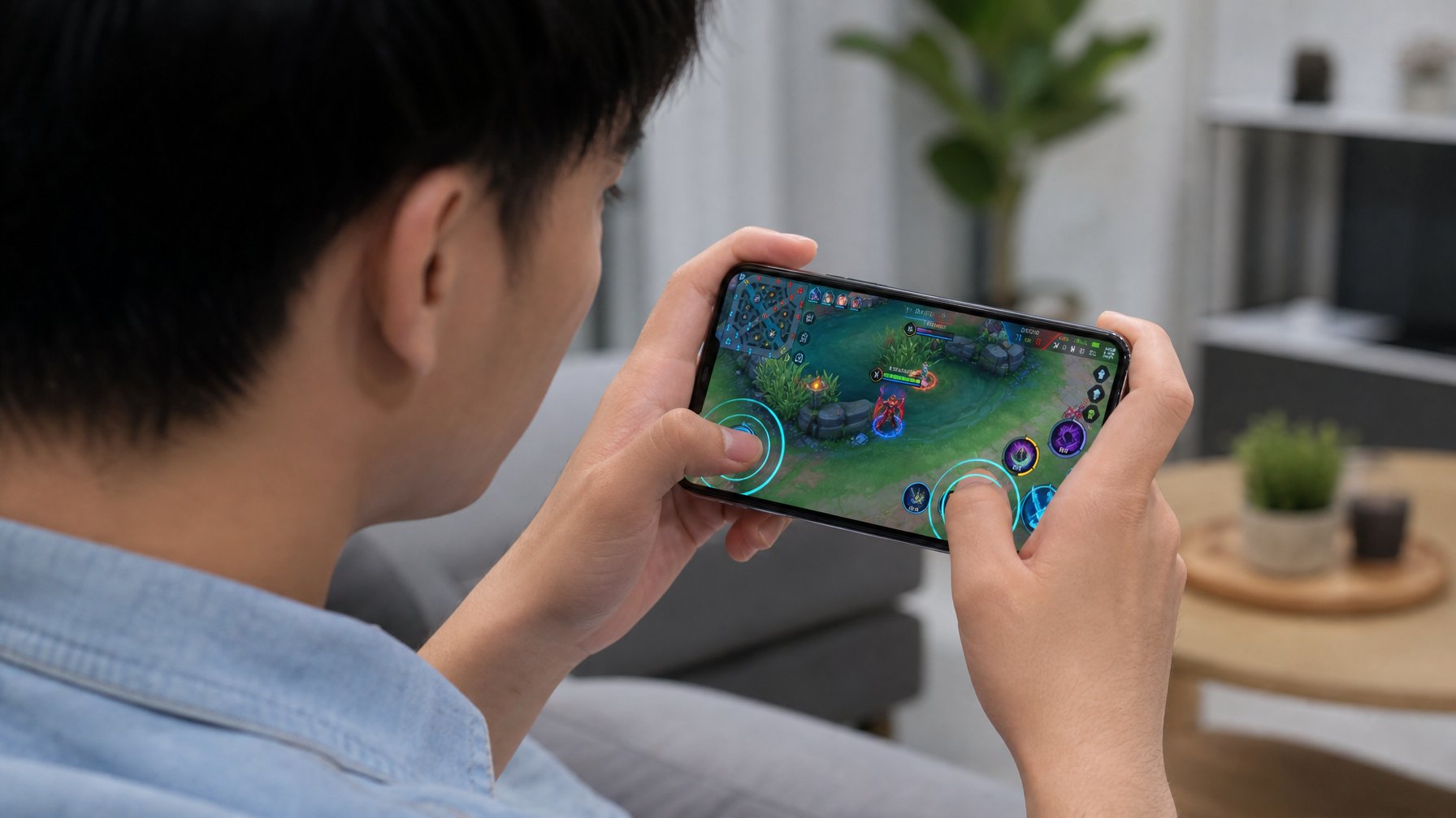 Seseorang memegang ponsel dan fokus bermain game dengan kontrol sentuh di layar.