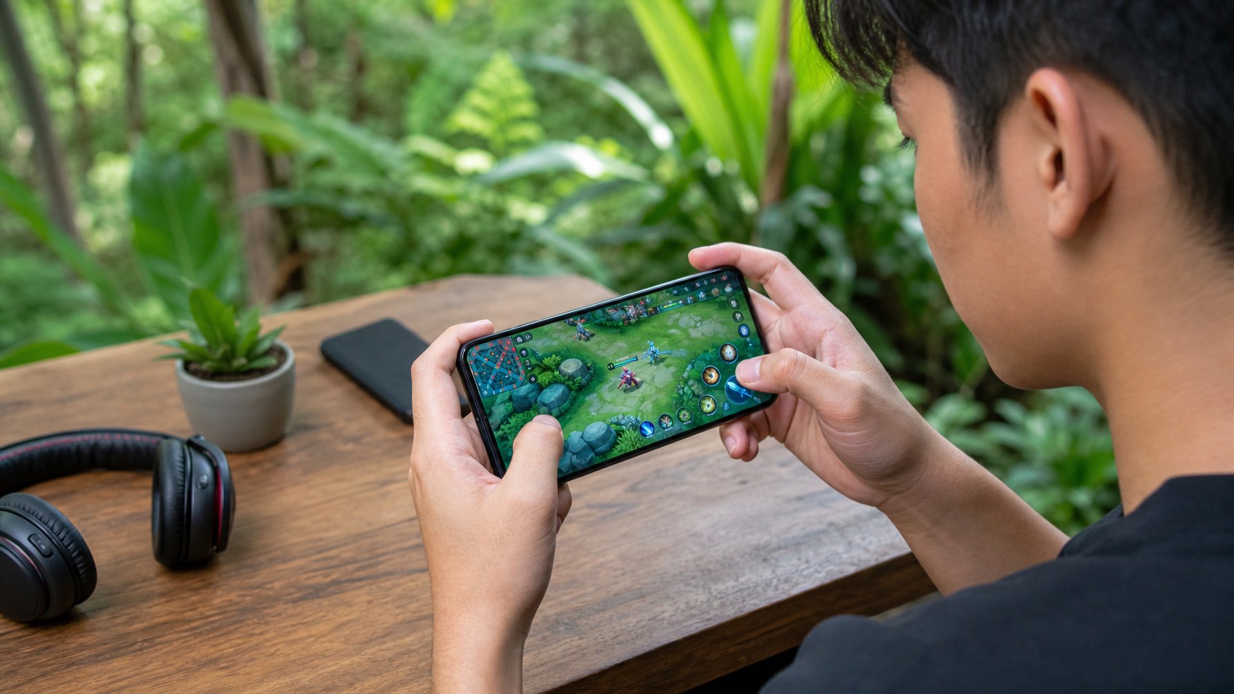 Seorang pemain muda fokus bermain game mobile MOBA dengan latar belakang hutan hijau.