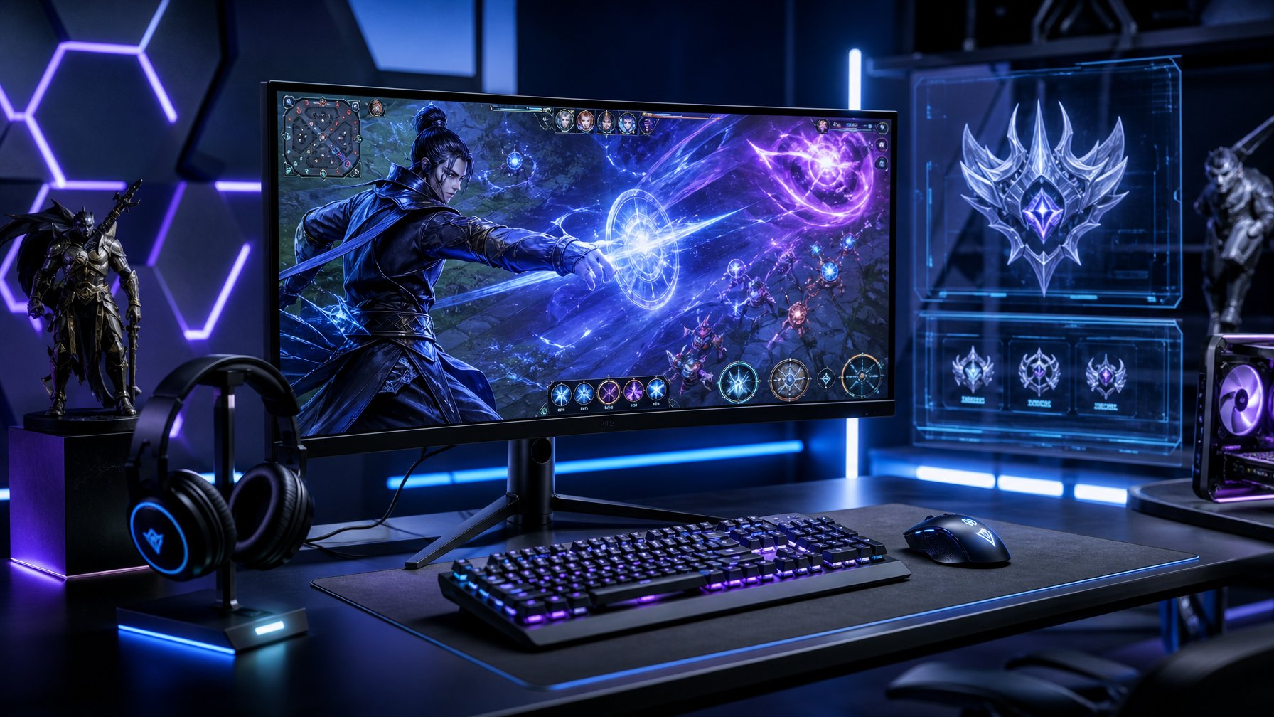 Seorang pemain game sedang bermain Vainglory dengan layar menampilkan pahlawan menggunakan kekuatan mana di meja gaming modern.