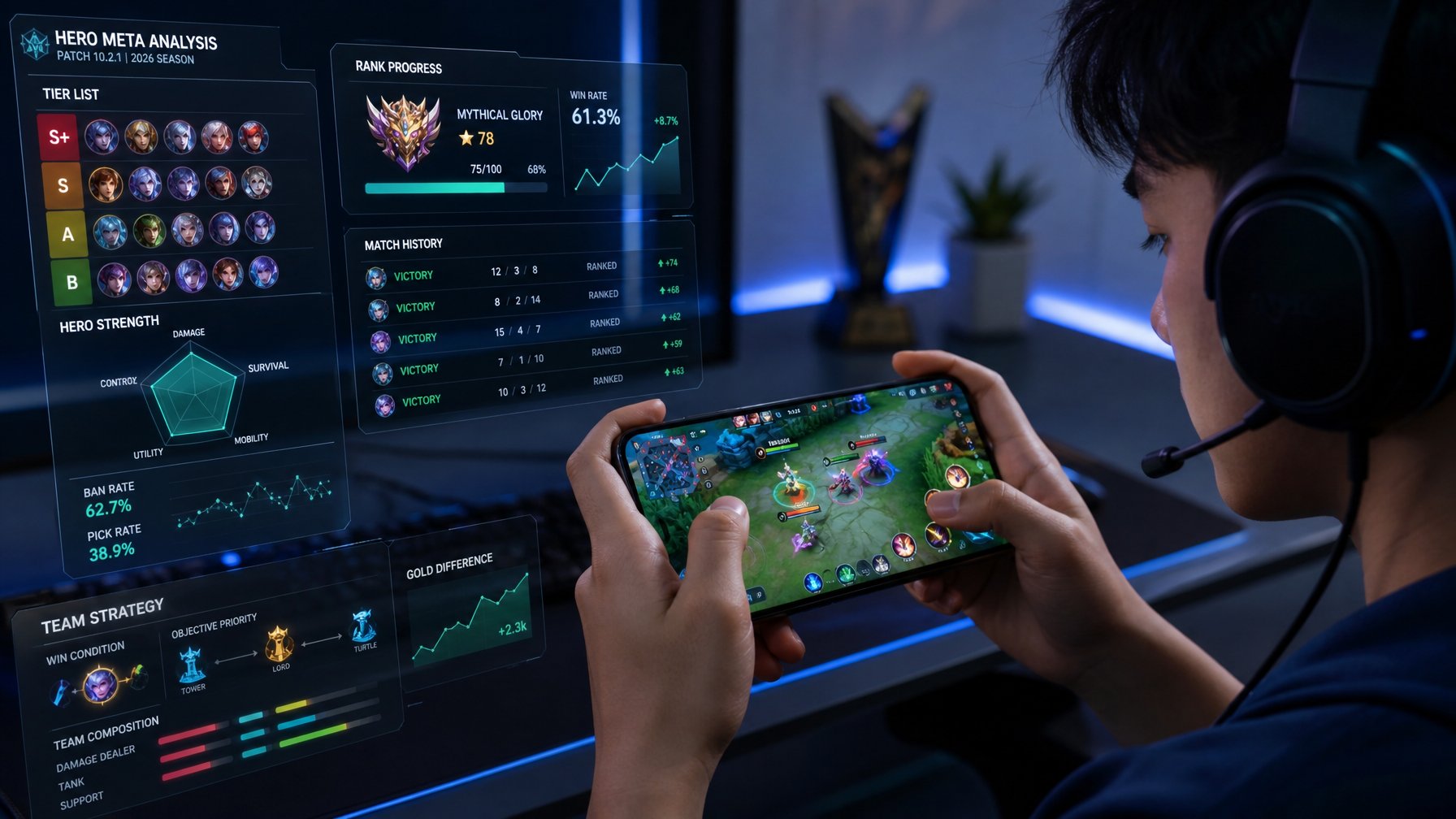 Seorang pemain muda sedang bermain game MOBA di ponsel dengan latar belakang ruangan gaming yang modern dan lampu LED.