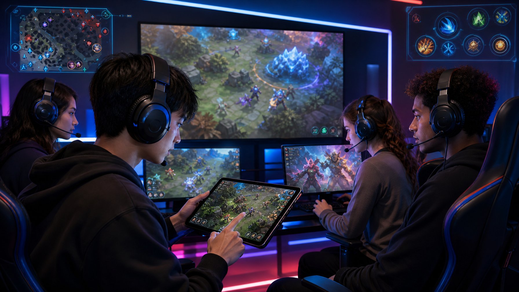 Sekelompok pemain muda sedang bermain game kompetitif Vainglory bersama di ruangan dengan pencahayaan LED, fokus pada kerja sama dan strategi tim.