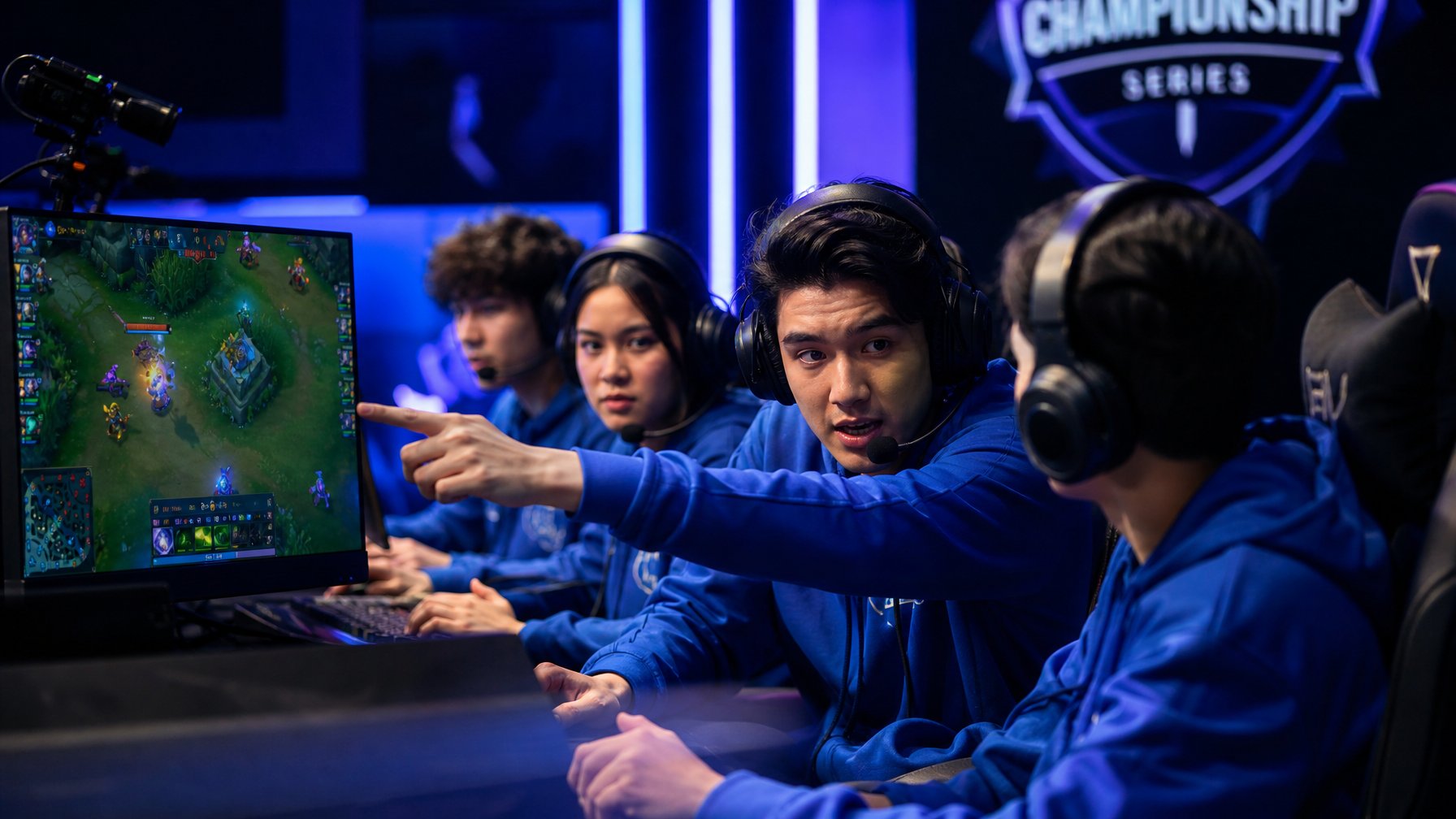 Sekelompok pemain esports sedang bekerja sama di depan layar komputer dalam arena permainan, fokus pada strategi tim.