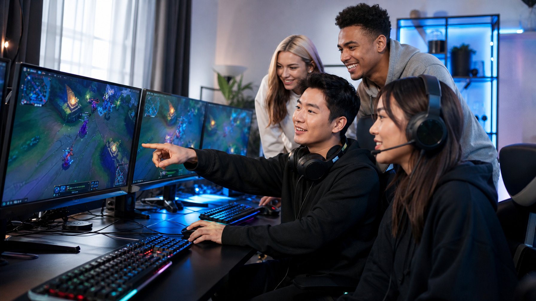 Sekelompok pemain muda berkumpul di ruang permainan dengan beberapa monitor, fokus bermain game bersama.