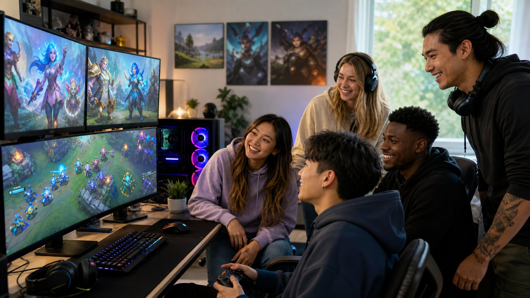 Sekelompok pemain game yang tersenyum dan berkumpul di sekitar komputer dengan layar yang menampilkan karakter permainan fantasi berwarna-warni.