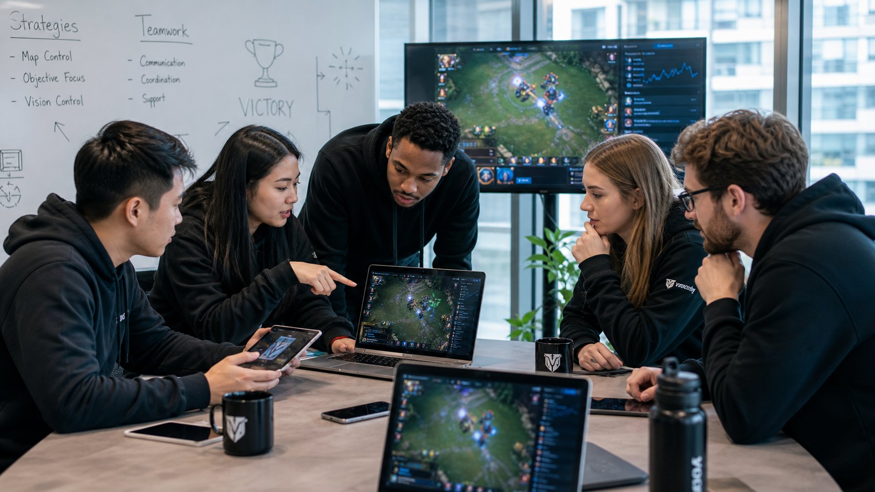 Sekelompok orang muda sedang berdiskusi dan bekerja sama di ruang kantor modern dengan laptop dan perangkat digital.