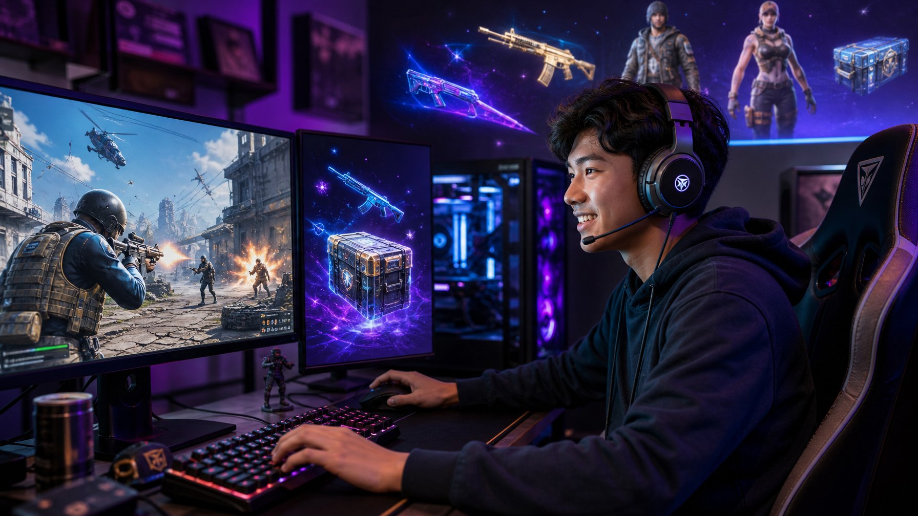 Seorang pemain game muda sedang bermain game tembak-menembak di depan komputer dengan ekspresi antusias di ruangan modern.