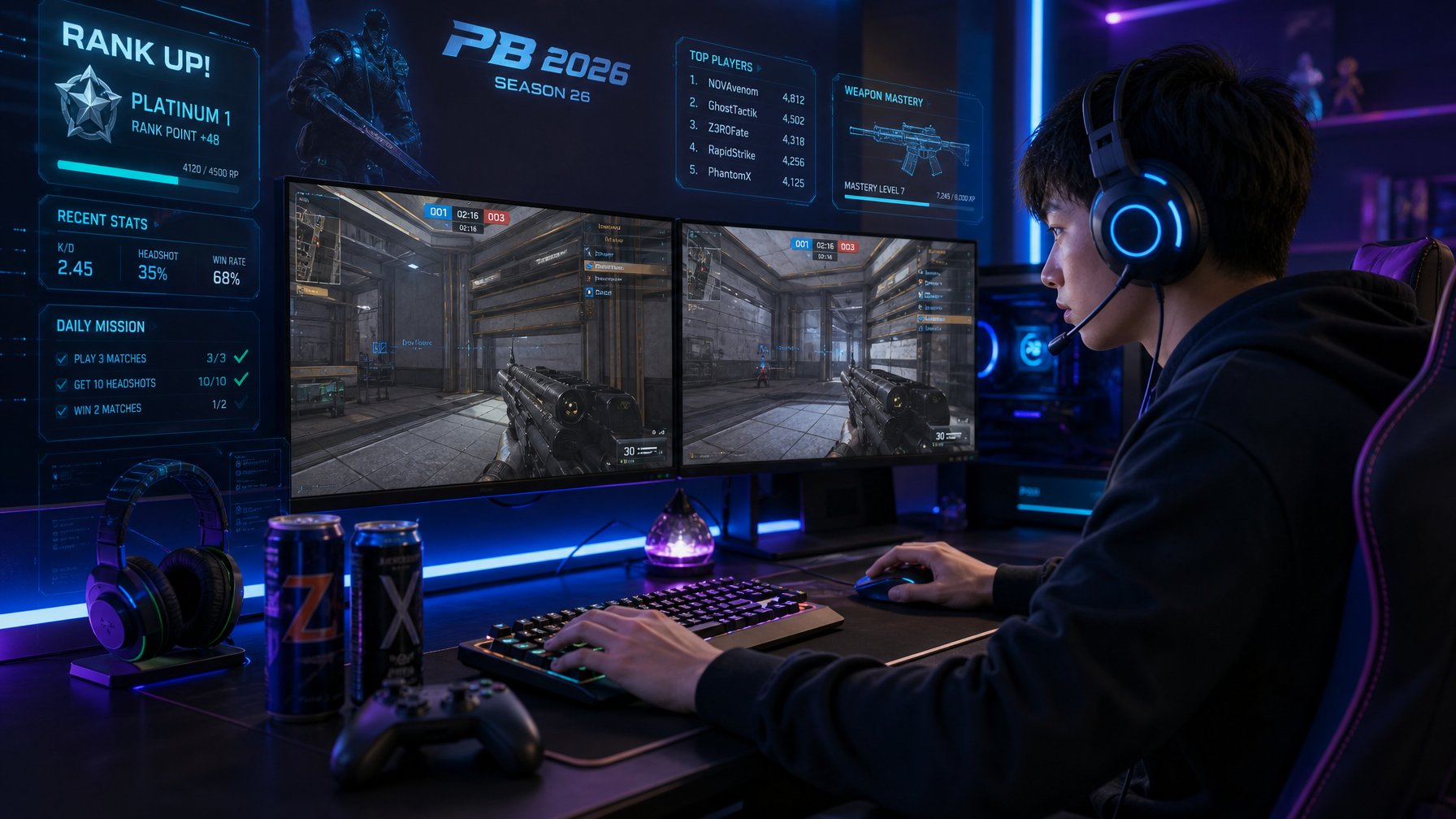 Seorang pemain game muda fokus bermain di depan komputer dengan layar menampilkan permainan tembak-menembak futuristik, dikelilingi perlengkapan gaming dan pencahayaan warna-warni.