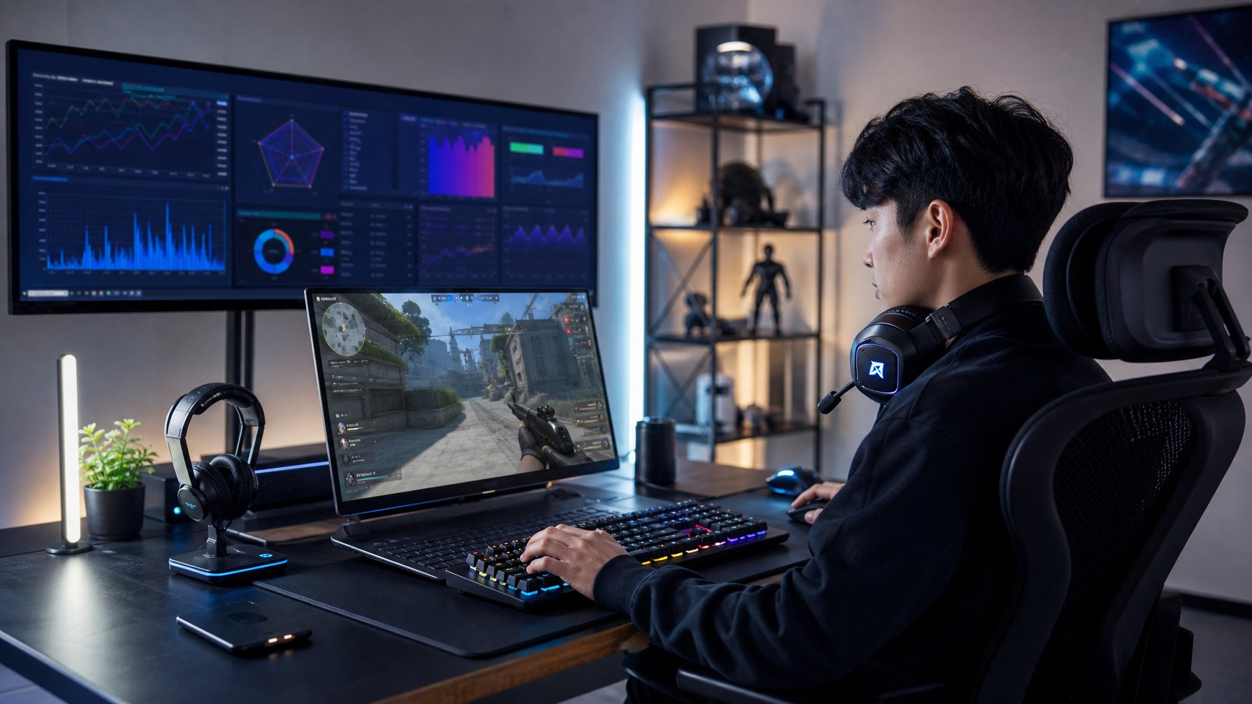 Seorang gamer muda yang fokus duduk di depan laptop gaming dengan perangkat gaming di meja, di ruangan yang terang dan rapi, menyiapkan strategi untuk meningkatkan peringkat permainan.