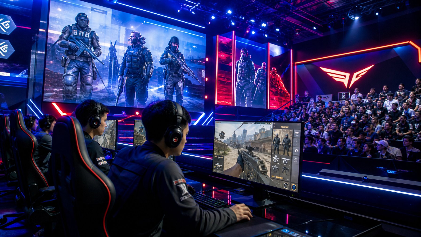 Suasana acara gaming dengan panggung modern, layar besar menampilkan grafis permainan, dan pemain yang fokus bermain di depan penonton.