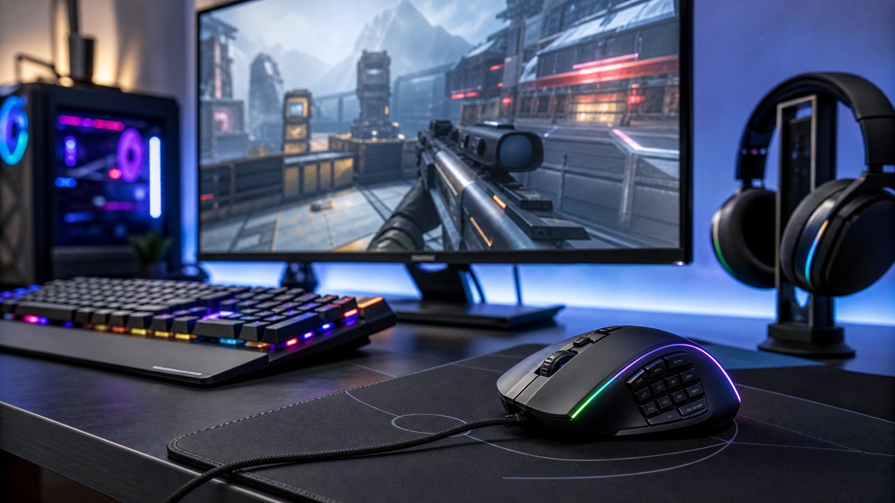 Setup gaming modern dengan mouse, keyboard, dan monitor yang menampilkan permainan tembak-menembak.