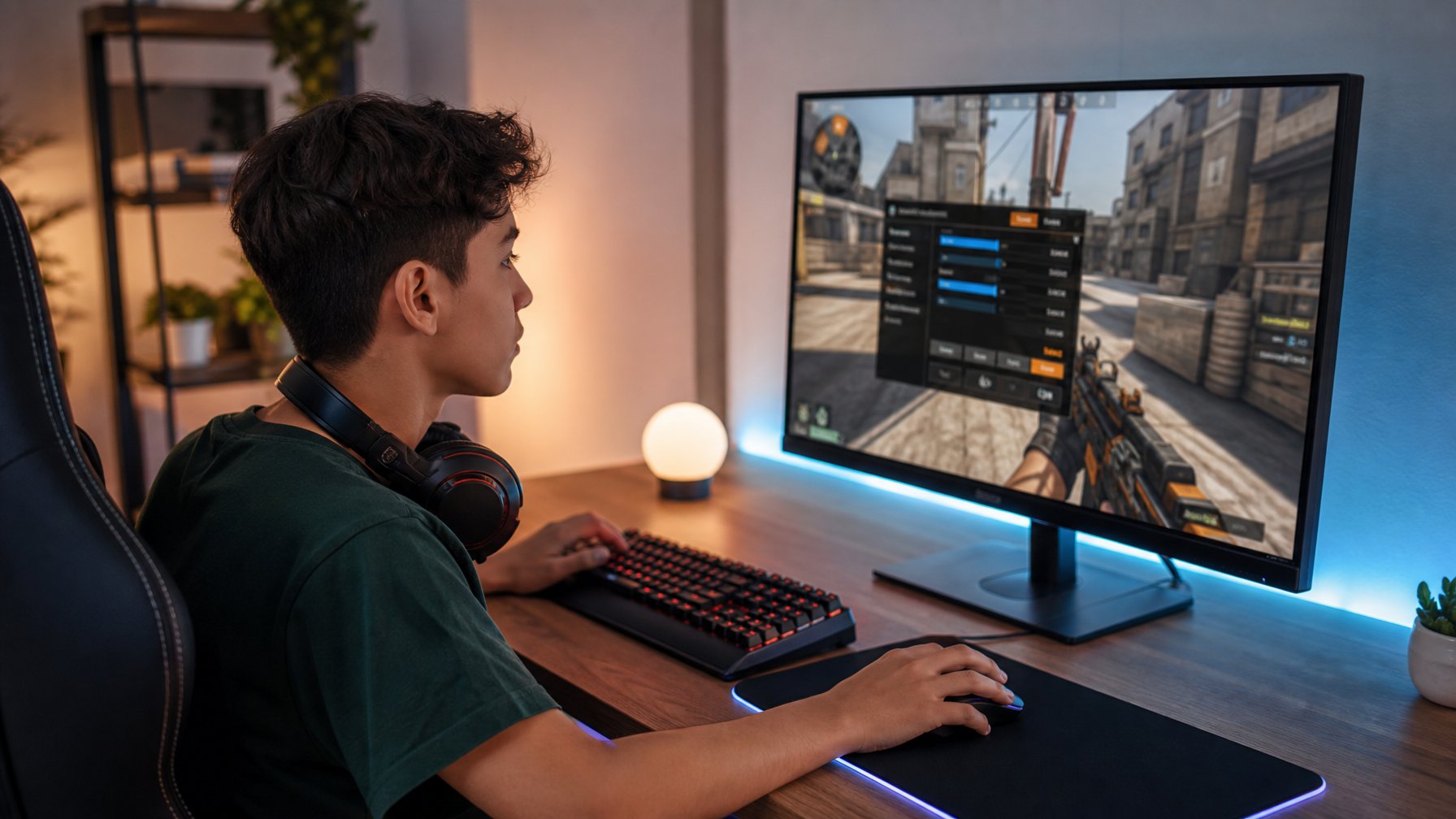 Seorang pemuda sedang duduk di meja komputer dengan mouse gaming, fokus mengatur pengaturan mouse pada layar komputer.