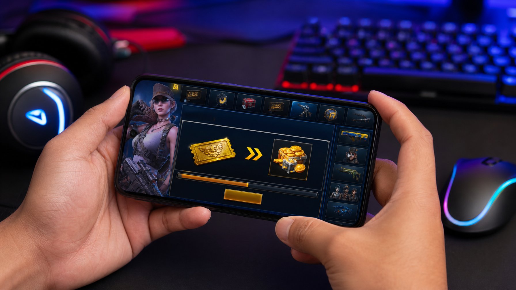 Seseorang memegang ponsel yang menampilkan antarmuka toko premium game Point Blank dengan proses penukaran Gold Ticket.
