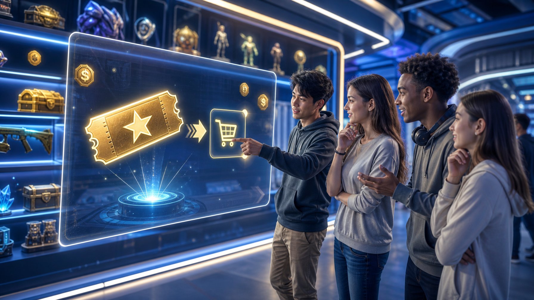 Sekelompok orang muda berinteraksi dengan layar sentuh digital yang menampilkan ikon tiket emas dan keranjang belanja dalam suasana toko game modern.