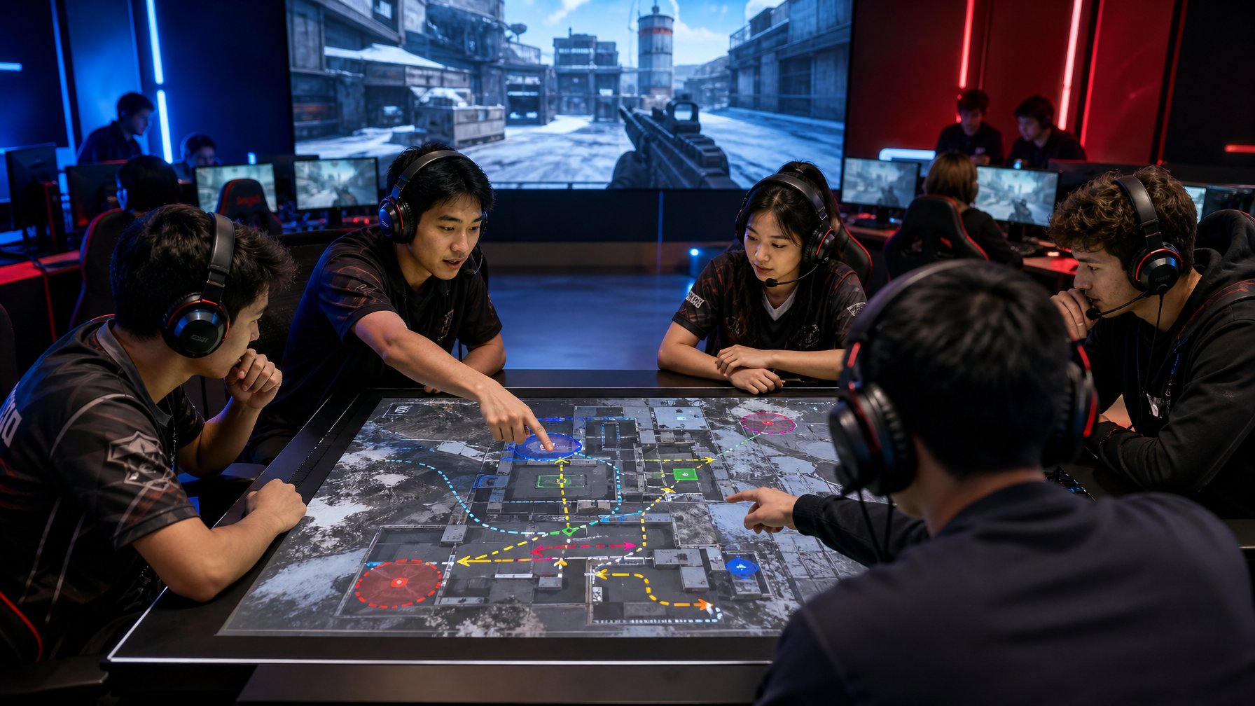 Para pemain esports sedang merencanakan strategi di depan peta digital Snowfall Sovereign dengan perlengkapan gaming di sebuah ruangan kompetisi.