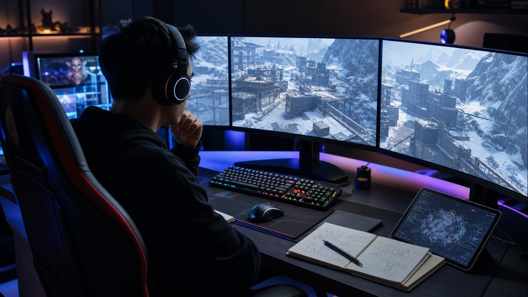 Seorang pemain game muda sedang fokus menganalisis peta digital di meja gaming dengan peralatan lengkap.