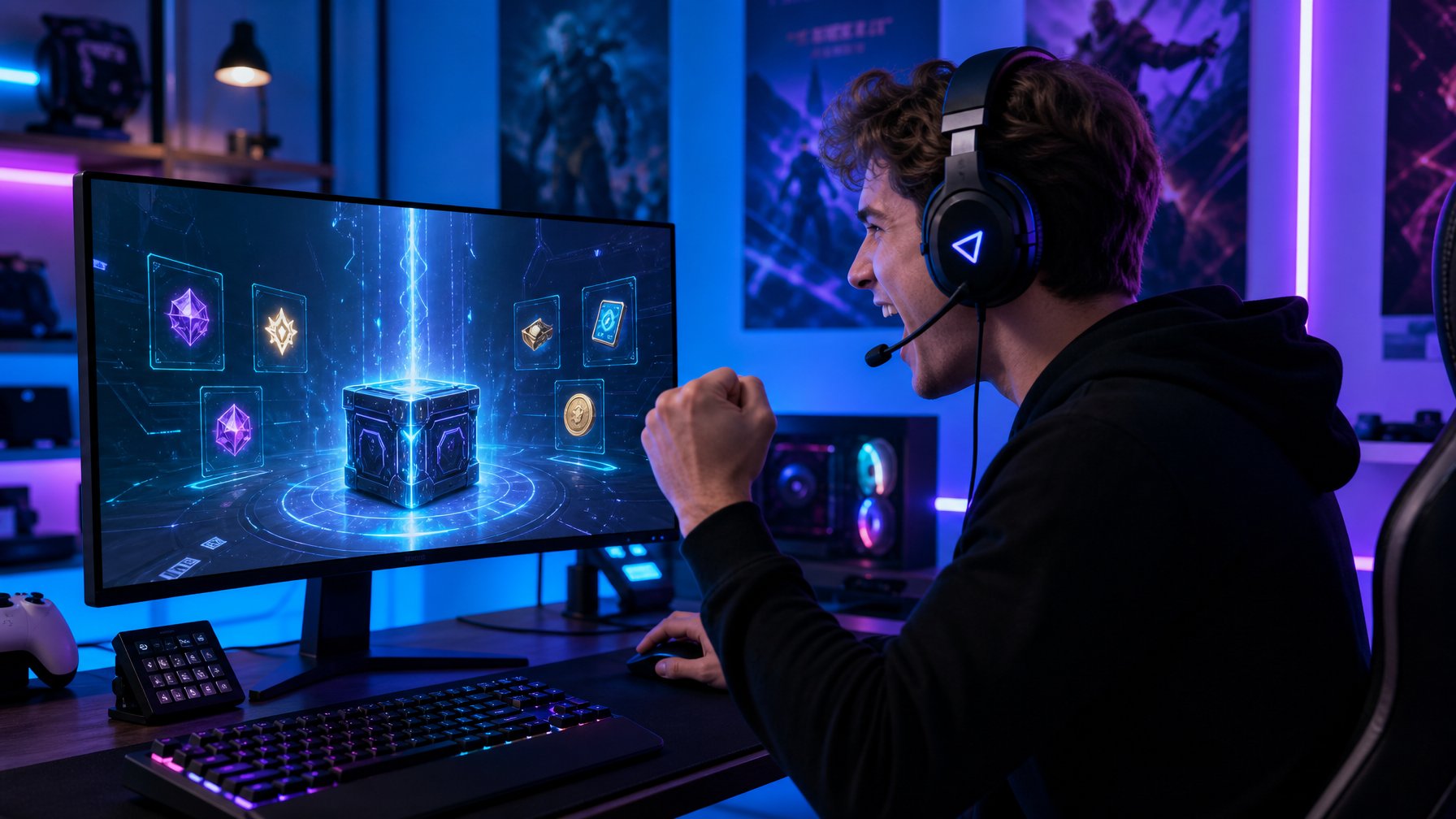 Seorang gamer muda duduk di depan komputer dengan suasana ruangan gaming yang modern dan pencahayaan biru ungu.