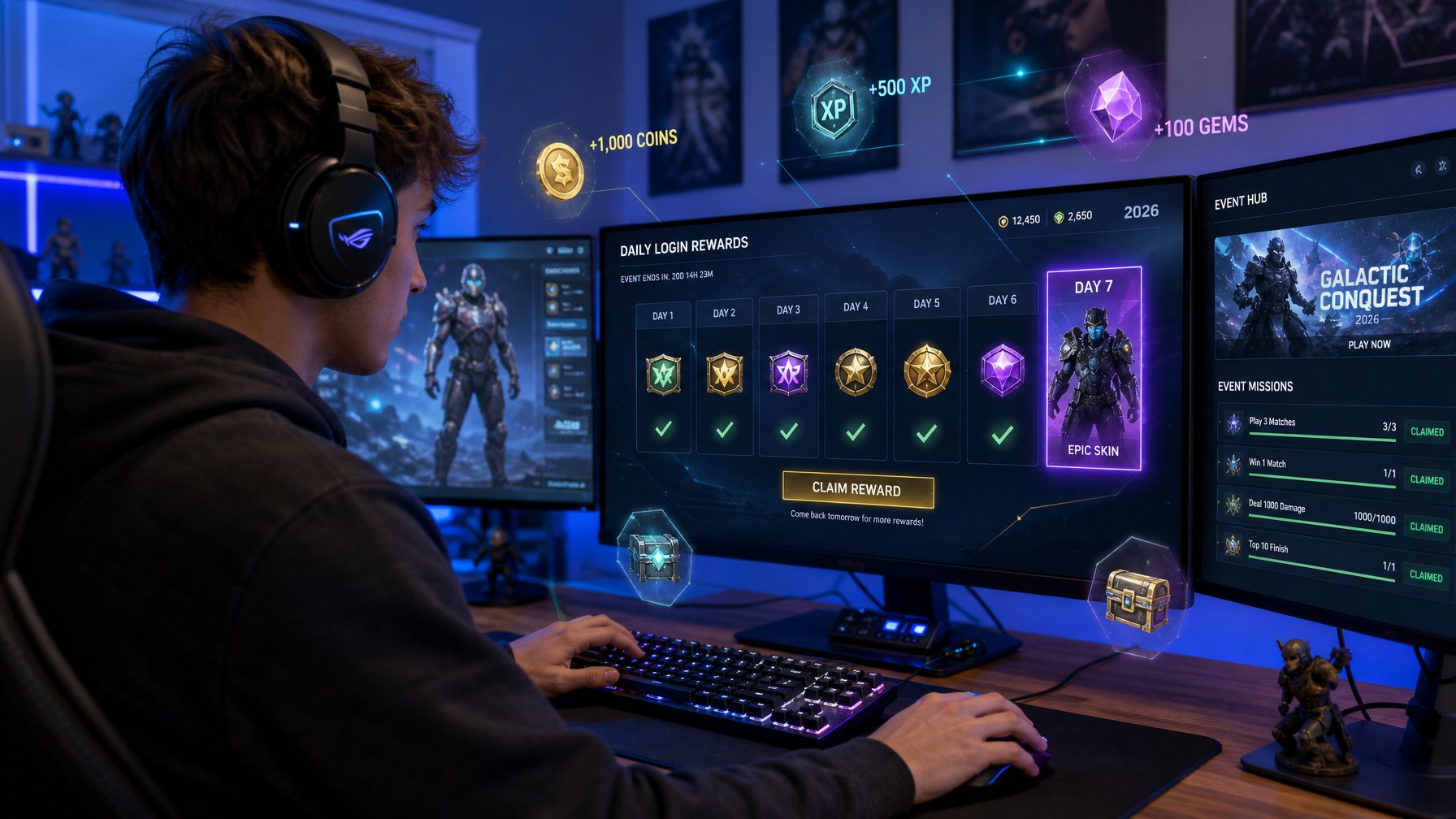 Seorang gamer muda duduk di depan komputer dengan layar menampilkan antarmuka permainan video futuristik, sedang fokus bermain dan mengklaim hadiah harian.