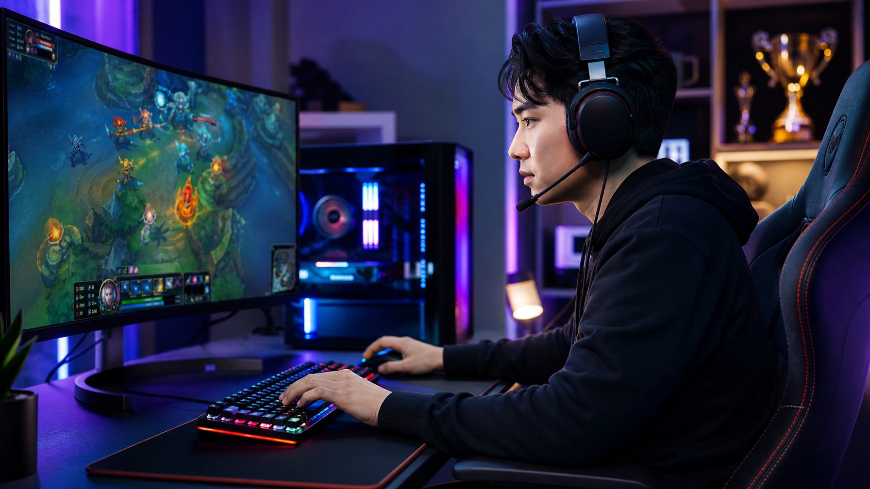 Seorang gamer muda Asia duduk di depan komputer dengan layar besar menampilkan adegan pertempuran fantasi, di ruangan dengan pencahayaan RGB dan perlengkapan gaming.