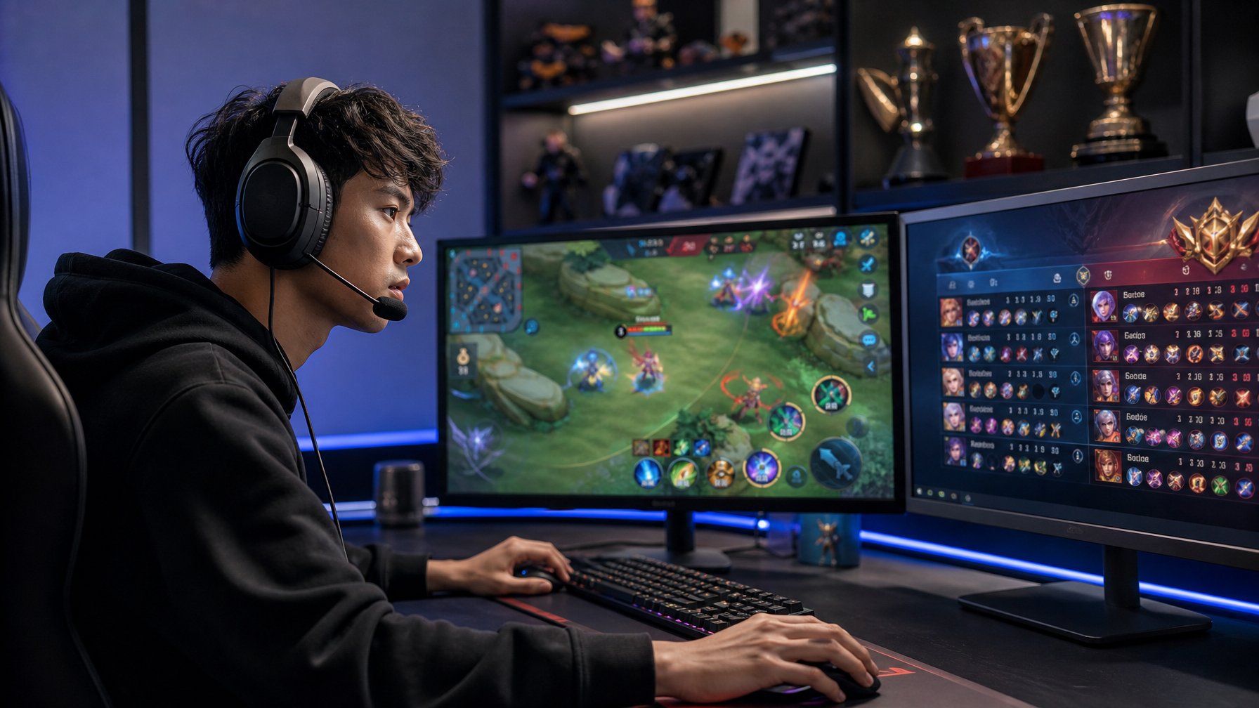 Seorang gamer muda fokus bermain game di meja dengan dua monitor yang menampilkan permainan MOBA berwarna-warni dan elemen peringkat di layar.
