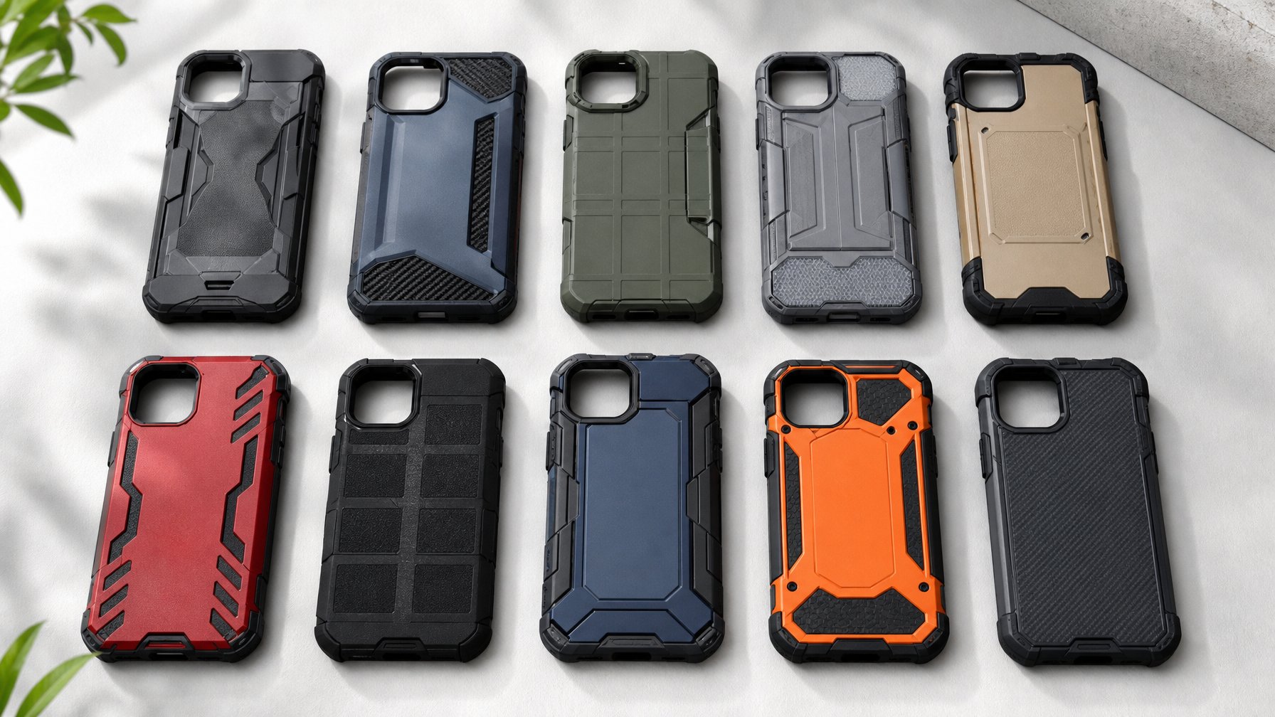 Sepuluh casing handphone tahan banting dengan berbagai desain dan warna yang disusun rapi di atas permukaan bersih.