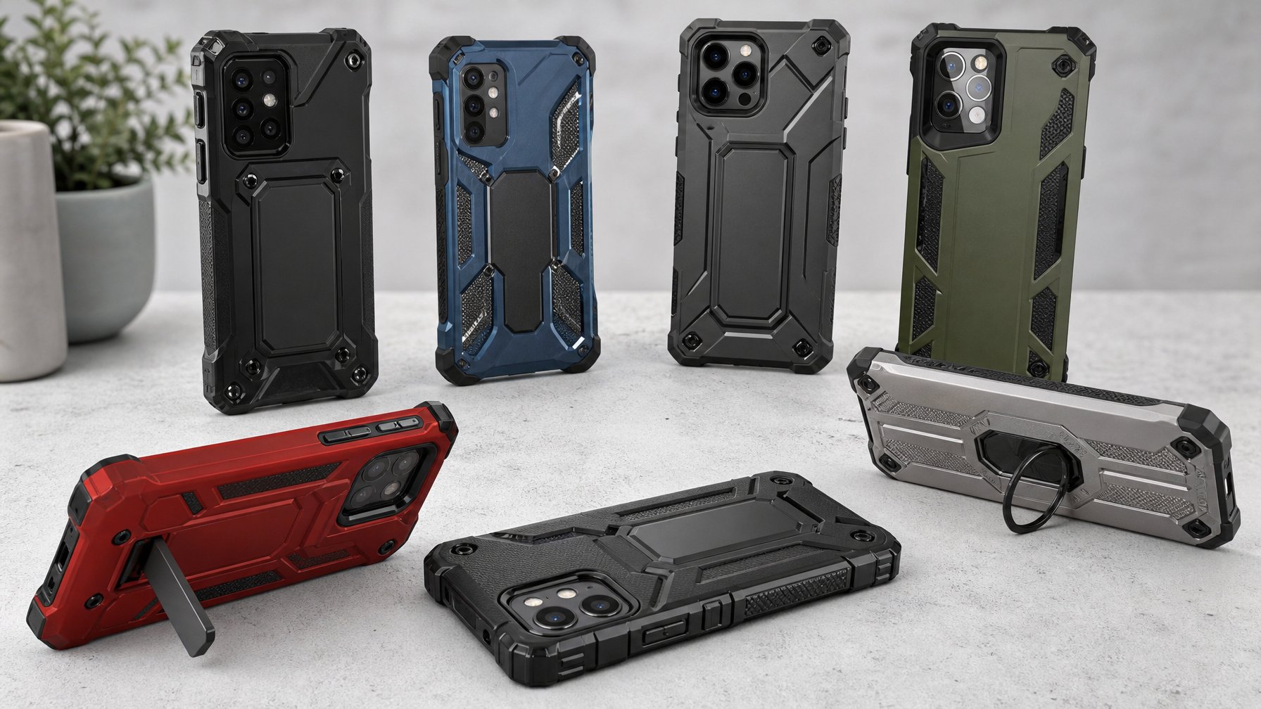 Beberapa casing handphone tahan banting yang dipajang dengan rapi di atas permukaan bersih, menampilkan berbagai desain pelindung yang kuat.