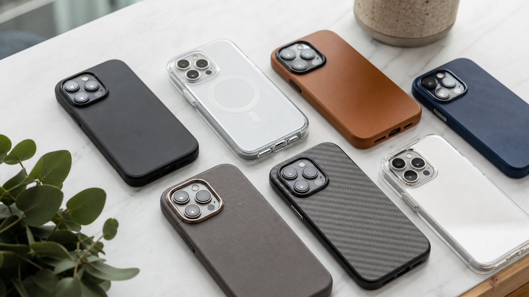 Beberapa iPhone 16 dengan berbagai casing yang berbeda diletakkan rapi di atas meja.