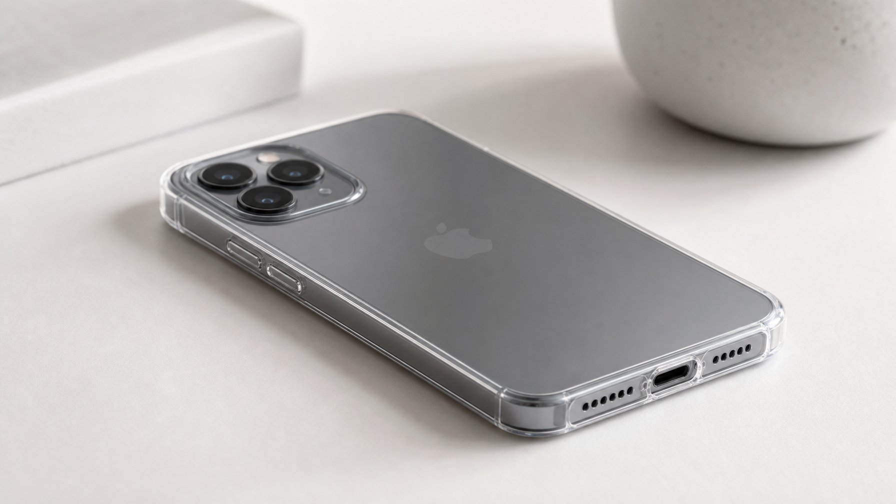 Smartphone dengan casing tipis diletakkan di atas permukaan putih dengan latar belakang minimalis.
