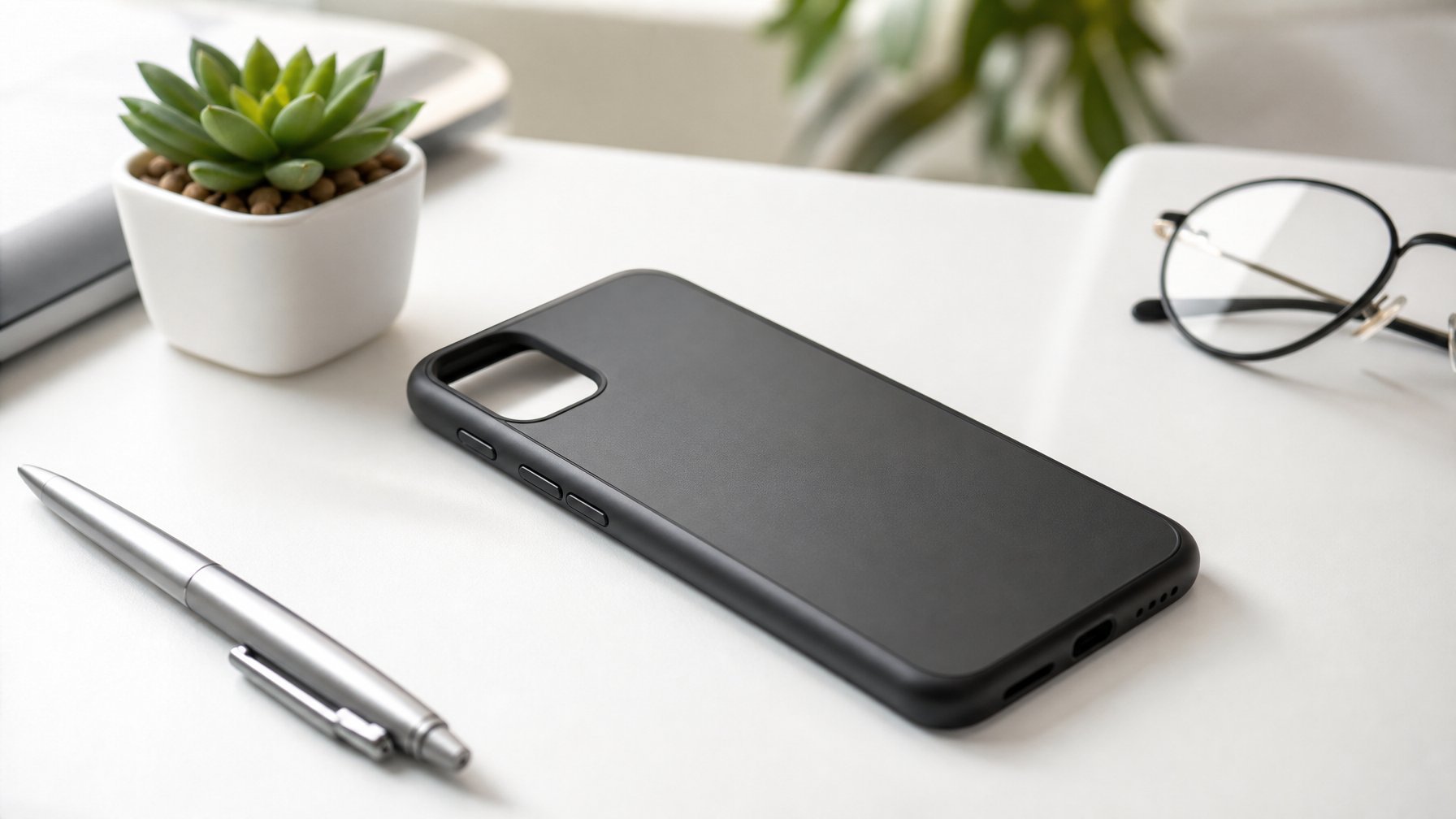 Sebuah casing handphone tipis diletakkan di permukaan putih minimalis dengan tanaman kecil, kacamata, dan pena di sekitarnya.