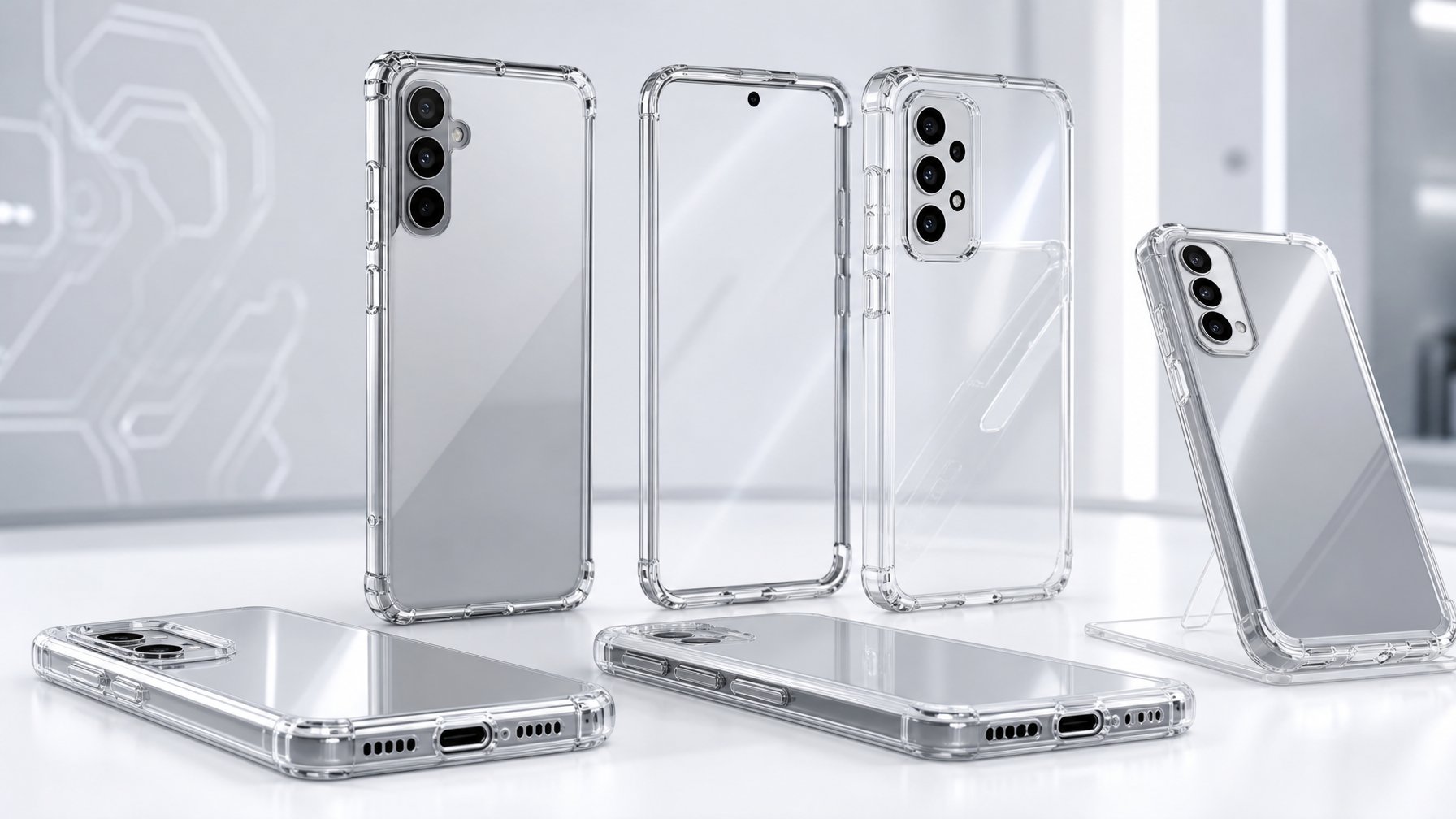 Beberapa casing handphone transparan anti menguning untuk HP Android diletakkan rapi di atas permukaan putih.